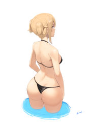 Rule 34 | 1girl, ass, back, bare arms, bikini, black bikini, blonde hair, braid, breasts, facing to the side, from behind, girls&#039; frontline, highres, kion-kun, medium breasts, short hair, short twintails, simple background, solo, swimsuit, twintails, welrod mkii (girls&#039; frontline), white background