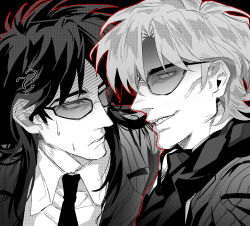 Rule 34 | 2boys, ?, ??, blazer, chinese commentary, collared shirt, commentary request, glasses, greyscale, grin, hair between eyes, highres, houlong siche, hyoudou kazuya, itou kaiji, jacket, kaiji, long hair, looking at another, male focus, medium bangs, monochrome, multiple boys, necktie, outline, red outline, scarf, shirt, short hair, smile, striped clothes, striped jacket, sunglasses, upper body