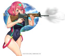 Rule 34 | 1girl, absurdres, aiming, battle rifle, black one-piece swimsuit, blush, breasts, competition swimsuit, covered navel, cowboy shot, earrings, firing, fn fal, gun, highres, holding, holding gun, holding weapon, jewelry, large breasts, mleth, nintendo, one-piece swimsuit, pyra (pro swimmer) (xenoblade), pyra (xenoblade), red eyes, red hair, red one-piece swimsuit, rifle, shell casing, short hair, smoke, smoking barrel, solo, swept bangs, swimsuit, tiara, two-tone swimsuit, weapon, xenoblade chronicles (series), xenoblade chronicles 2