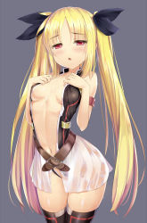 Rule 34 | 1girl, alternate costume, arm strap, belt, black thighhighs, blonde hair, breasts, cafeore, center opening, chestnut mouth, cowboy shot, fate testarossa, fate testarossa (lightning form) (2nd), grey background, hair ribbon, hands on own chest, highres, leotard, long hair, looking at viewer, lyrical nanoha, miniskirt, navel, open mouth, pink eyes, ribbon, simple background, skirt, small breasts, solo, sweat, thighhighs, twintails, very long hair, zettai ryouiki