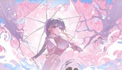 Rule 34 | 1girl, absurdres, bare legs, black footwear, black hair, brown cardigan, cardigan, cherry blossoms, cherry tree, chinese commentary, commentary request, dress, green eyes, hand up, highres, holding, holding umbrella, kerchief, lai dou laile 555, long hair, long sleeves, looking at viewer, multicolored hair, nijisanji, nijisanji en, orange hair, outdoors, petra gurin, petra gurin (3rd costume), pink dress, rain, reflection, ripples, shirt, sidelocks, smile, solo, squatting, streaked hair, umbrella, virtual youtuber, white shirt