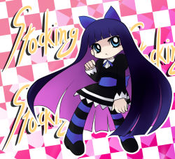 Rule 34 | 10s, 1girl, blue eyes, character name, checkered background, colored inner hair, long hair, multicolored hair, panty &amp; stocking with garterbelt, stocking (psg), striped clothes, striped thighhighs, thighhighs, two-tone hair, very long hair, yume shokunin