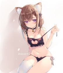 Rule 34 | 1girl, animal ear fluff, animal ears, bare shoulders, bell, black bra, black panties, bra, breasts, brown hair, cat cutout, cat day, cat ear panties, cat ears, cat lingerie, choker, cleavage, cleavage cutout, clothing cutout, collarbone, commentary request, expressionless, frilled bra, frills, groin, jingle bell, long hair, looking at viewer, medium breasts, meme attire, miwabe sakura, navel, original, panties, purple eyes, side-tie panties, single thighhigh, solo, stomach, strap pull, thighhighs, thighs, underwear, underwear only, white thighhighs