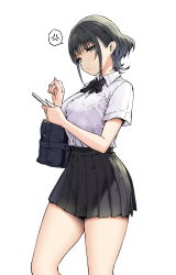Rule 34 | 1girl, bag, black bow, black bowtie, black hair, black skirt, bow, bowtie, breasts, cellphone, closed mouth, collared shirt, commentary request, highres, holding, holding phone, large breasts, looking at viewer, original, phone, pleated skirt, shirt, shirt tucked in, short hair, short sleeves, shoulder bag, simple background, skirt, sky-freedom, smartphone, solo, thighs, white background, white shirt