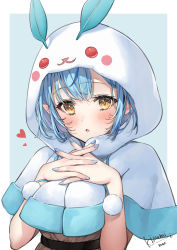 Rule 34 | 1girl, blue hair, blue nails, blush, brown shirt, capelet, highres, hololive, hood, hood up, hooded capelet, izumi kei, looking at viewer, nail polish, own hands together, parted lips, pointy ears, shirt, signature, simple background, solo, upper body, virtual youtuber, white capelet, yellow eyes, yukihana lamy, yukihana lamy (casual)