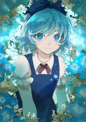 Rule 34 | 1girl, blue bow, blue dress, blue eyes, blue flower, blue hair, blue theme, bow, cirno, collared shirt, commentary request, dress, flower, glowing, glowing flower, hair bow, highres, ice, kerok (joniko1110), looking at viewer, pale skin, pinafore dress, puffy short sleeves, puffy sleeves, red neckwear, red ribbon, ribbon, shirt, short hair, short sleeves, sleeveless dress, smile, snowflakes, solo, touhou, upper body, white flower, white shirt, wing collar