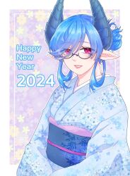 Rule 34 | 1girl, 2024, alternate costume, blue hair, blue horns, blue kimono, blue sash, border, chinese zodiac, commentary request, dragon girl, dragon horns, english text, floral background, glasses, happy new year, highres, horns, imoko (imoko0114), inset border, japanese clothes, kimono, looking at viewer, melusine (housamo), new year, open mouth, pink eyes, pointy ears, sash, semi-rimless eyewear, short hair, sidelocks, signature, smile, solo, tokyo houkago summoners, upper body, white border, year of the dragon