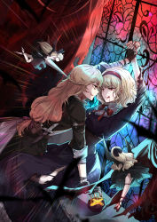Rule 34 | 2girls, absurdres, aili (aliceandoz), alice margatroid, alternate eye color, arm belt, arms up, bat wings, black gloves, black legwear, black nails, black shirt, black skirt, black wings, blonde hair, blood, bow, bowtie, brooch, cross, curtains, dagger, doll, doll joints, ear piercing, earrings, eye contact, fingerless gloves, fingernails, glint, gloves, hair ribbon, highres, indoors, jewelry, joints, kirisame marisa, knife, lance, licking lips, long hair, looking at another, medium hair, mini-hakkero, multiple girls, nail polish, piercing, polearm, purple ribbon, red eyes, red nails, red neckwear, ribbon, shanghai doll, shirt, sitting, skirt, smile, speed lines, stained glass, sweat, thighhighs, tongue, tongue out, torn clothes, torn skirt, touhou, vampire, weapon, window, wings, yellow eyes