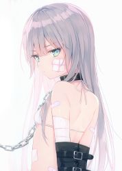 Rule 34 | 1girl, absurdres, arms behind back, back, bandaged arm, bandages, bandaid, bandaid on arm, bandaid on face, bare shoulders, belt, bra, breasts, chain, closed mouth, collar, from behind, frown, green eyes, highres, leash, long hair, looking at viewer, looking back, original, restrained, rurudo, scan, silver hair, simple background, small breasts, solo, underwear, upper body, white background, white bra