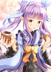 Rule 34 | 1girl, blue kimono, blue ribbon, blush, bow, brown eyes, commentary request, food, hair ribbon, highres, holding, holding food, japanese clothes, kimono, kyoka (princess connect!), long hair, long sleeves, looking at viewer, open mouth, pointy ears, princess connect!, purple hair, ribbon, ribbon-trimmed kimono, ribbon trim, sidelocks, solo, steam, taiyaki, tears, twintails, very long hair, wagashi, wide sleeves, xenon (for achieve), yellow bow