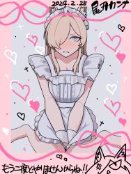 Rule 34 | 1girl, alternate costume, anger vein, animal ear fluff, animal ears, apron, arms between legs, barefoot, blonde hair, blue archive, blush, border, breasts, center frills, cleavage, clenched teeth, collarbone, dated, dog ears, enmaided, frills, frown, grey background, grey eyes, hair intakes, hair over one eye, halo, heart, highres, kanna (blue archive), long bangs, long hair, looking at viewer, maid, maid apron, maid headdress, medium breasts, naked apron, nose blush, parted bangs, pink border, sharp teeth, sitting, sweat, teeth, uumi hinata, variant set, wariza, wrist cuffs