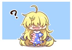 Rule 34 | 1girl, ?, ahoge, american flag dress, american flag pants, blonde hair, blue background, blush, blush stickers, border, chibi, clownpiece, covered eyes, dress, drooling, fairy wings, full body, hair between eyes, highres, long hair, messy hair, neck ruff, no headwear, no shoes, open mouth, outside border, pants, shadow, shitacemayo, short sleeves, simple background, smile, solo, star (symbol), star print, striped clothes, striped dress, striped pants, touhou, very long hair, white border, wings