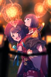 Rule 34 | 2girls, blue eyes, blush, carrying, chinese lantern (plant), echo (circa), fate/grand order, fate (series), fur collar, hair ornament, hairpin, japanese clothes, katsushika hokusai (fate), kimono, long sleeves, multiple girls, open mouth, piggyback, purple hair, purple kimono, red kimono, sash, short hair, siblings, sisters, wide sleeves
