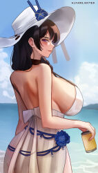 Rule 34 | 1girl, absurdres, alfarejected, artist name, beach, bikini, blue flower, blush, braid, braided ponytail, breasts, brown hair, closed mouth, day, flower, from side, goddess of victory: nikke, hair over shoulder, hat, hat flower, highres, holding, huge breasts, large hat, long hair, looking at viewer, mary (bay goddess) (nikke), mary (nikke), ocean, official alternate costume, outdoors, purple eyes, sideboob, smile, solo, sun hat, swimsuit, swimsuit cover-up, unusually open eyes, water, white bikini, white hat