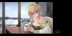 Rule 34 | 1girl, absurdres, bare shoulders, blonde hair, blue eyes, blurry, blurry background, breasts, chair, cleavage, coffee, collarbone, commentary request, cup, day, depth of field, eyes visible through hair, hair over one eye, highres, holding, holding cup, indoors, jacket, large breasts, long hair, long sleeves, mug, negative space, off shoulder, on chair, open clothes, open jacket, original, osisio, profile, puffy long sleeves, puffy sleeves, signature, solo, steam, table, window, yellow jacket