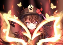 Rule 34 | 1girl, :d, aura, brown hair, bug, butterfly, chinese clothes, commentary request, flower, genshin impact, grin, hair between eyes, hanamiduki25, hat, hat flower, hat ornament, highres, hu tao (genshin impact), insect, long hair, long sleeves, looking at viewer, open mouth, red eyes, sidelocks, smile, staff, staff of homa (genshin impact), symbol-shaped pupils, twintails, v-shaped eyebrows