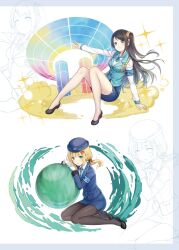 Rule 34 | armband, black hair, blue vest, highres, krt girls, long hair, long sleeves, miniskirt, one side up, parted bangs, pencil skirt, shirt, shoes, skirt, smile, vest, xiao qiong