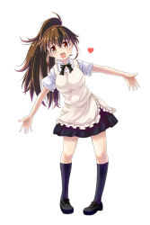 Rule 34 | 1girl, absurdres, apron, black socks, breasts, brown eyes, brown hair, fang, highres, kneehighs, large breasts, loafers, long hair, open mouth, ponytail, shoes, smile, socks, solo, taneshima popura, waitress, working!!