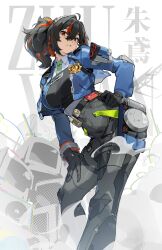 1girl absurdres black_hair blue_jacket breasts contrapposto green_necktie high-waist_pants highres holster jacket kuno_(runkunochan) large_breasts metal_hairband multicolored_hair necktie pants parted_lips police police_badge police_uniform policewoman ponytail red_eyes red_hair shoulder_holster solo streaked_hair tight_clothes tight_pants white_background zenless_zone_zero zhu_yuan