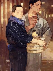 Rule 34 | 2boys, black eyes, black hair, blue kimono, brown background, brown hair, chengongzi123, closed mouth, commentary, cowboy shot, cup, dark-skinned male, dark skin, drink, drinking glass, facial hair, goatee stubble, golden kamuy, grey eyes, grey kimono, hand up, highres, holding, holding drink, japanese clothes, kimono, koito otonoshin, long hair, long sleeves, looking at viewer, looking to the side, male focus, multiple boys, objectification, rubber duck, smile, standing, stubble, symbol-only commentary, tsukishima hajime, very long hair, wide sleeves, wine glass