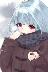 Rule 34 | 1girl, blue hair, blue scarf, blush, breath, brown coat, chocolate, closed mouth, coat, enpera, food, hamaru (s5625t), hand up, highres, holding, holding food, long hair, long sleeves, original, plaid, plaid scarf, red eyes, scarf, sleeves past wrists, solo, upper body