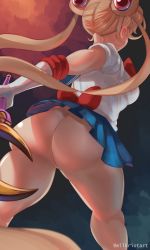 Rule 34 | 1girl, absurdres, artist name, ass, bishoujo senshi sailor moon, blonde hair, blouse, blue skirt, breasts, from behind, hair ornament, highres, long hair, milkriot, no panties, sailor moon, shirt, skirt, solo, thick thighs, thighs, tsukino usagi, twintails, twitter username, white shirt, wind, wind lift
