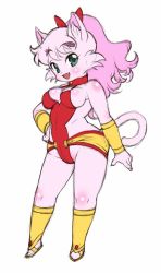 Rule 34 | animal ear fluff, animal ears, breasts, cat ears, cat girl, cat tail, cleavage, collar, colored skin, fang, full body, furry, furry female, green eyes, hand on own hip, leotard, meeya, open mouth, pink hair, ponytail, rpg densetsu hepoi, sideboob, simple background, smile, solo, tail, thick eyebrows, thick thighs, thighs, white background