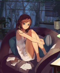 Rule 34 | 10s, 1girl, absurdres, audio-technica, bare arms, bare legs, bare shoulders, barefoot, book, brown eyes, brown hair, chair, feet on chair, forest, headphones, headphones around neck, highres, huanxiang heitu, hugging own legs, indoors, looking at viewer, love live!, love live! school idol project, nature, night, nightgown, nishikino maki, paper, pillow, revision, solo, table, tree, window