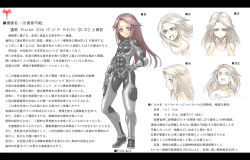 Rule 34 | 1girl, bodysuit, bright pupils, character request, character sheet, concept art, contrapposto, flat chest, grey bodysuit, hair flaps, kotoba noriaki, letterboxed, long hair, looking at viewer, multiple views, open mouth, original, parted bangs, pilot suit, pixiv robot wars, purple eyes, purple hair, smile, standing, sweatdrop, translation request