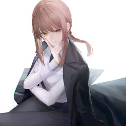 Rule 34 | 1girl, absurdres, black jacket, black necktie, black pants, blazer, braid, braided ponytail, breasts, business suit, chainsaw man, collared shirt, crossed arms, crossed legs, dress shirt, formal, hand on own face, highres, jacket, jacket on shoulders, long hair, long sleeves, looking at viewer, makima (chainsaw man), me/r, medium breasts, necktie, pants, ringed eyes, shirt, sidelocks, sitting, smile, solo, suit, white background, white shirt, yellow eyes