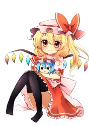 Rule 34 | 1girl, absurdres, black legwear, blonde hair, blue hair, bow, character doll, hugging doll, flandre scarlet, hat, hat bow, highres, hugging object, red eyes, remilia scarlet, ruhika, sash, solid circle eyes, solo, touhou, white background, wings