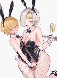 Rule 34 | 1boy, 1girl, alcohol, animal ears, armpits, assertive female, blush, breasts, champagne, cleavage, couple, fake animal ears, fang, heart, hetero, highres, kromer (project moon), large breasts, leotard, limbus company, male playboy bunny, migishita, playboy bunny, project moon, short hair, simple background, sinclair (project moon), smile, white background, yellow eyes