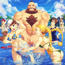 Rule 34 | 1990s (style), 1boy, 6+girls, ass, beach, beard, bikini, black hair, blonde hair, blue eyes, blush, braid, breasts, brown hair, cammy white, capcom, chest hair, chun-li, closed eyes, clothed female nude male, covering privates, covering crotch, crimson viper, cross scar, dark skin, day, double bun, elena (street fighter), embarrassed, extreme muscles, facial hair, gina chacon, hair bun, huge ass, ibuki (street fighter), kasugano sakura, long hair, mohawk, multiple girls, muscular, nipples, nude, odd one out, one eye closed, outdoors, palm tree, red hair, retro artstyle, scar, scar on arm, short hair, single braid, splashing, street fighter, street fighter iii (series), street fighter iv (series), street fighter zero (series), sunglasses, swimsuit, tree, twin braids, twintails, wading, water, white hair, wink, zangief