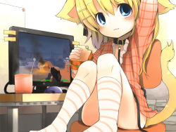 Rule 34 | 1girl, :t, animal ears, blonde hair, blue eyes, cat ears, cat tail, checkered clothes, checkered shirt, collar, computer, eating, food, fuyuno mikan, hair ornament, hairclip, kneehighs, leash, left 4 dead, orange shirt, original, playing games, sandwich, shirt, socks, solo, striped clothes, striped socks, tail, video game