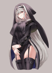 Rule 34 | 1girl, arknights, bad id, bad pixiv id, beruko14, black capelet, black headwear, black thighhighs, breasts, capelet, closed mouth, coat, cowboy shot, cropped legs, garter straps, grey background, habit, hair between eyes, hand on own wrist, highres, jewelry, large breasts, long hair, looking at viewer, nun, off shoulder, open clothes, pelvic curtain, red eyes, signature, silver hair, simple background, smile, specter (arknights), sweater, thighhighs, turtleneck, turtleneck sweater, weapon, zettai ryouiki