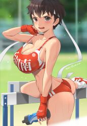 Rule 34 | 1girl, alternate breast size, ass, black eyes, blurry, blurry background, blush, bottle, bra, breasts, brown hair, buruma, cacn, cleavage, commentary, dated, day, embarrassed, fingerless gloves, foot out of frame, from side, gloves, headband, highres, holding, holding bottle, hurdle, kasugano sakura, large breasts, looking at viewer, open mouth, outdoors, red bra, red buruma, red footwear, red gloves, scowl, shoes, short hair, signature, sneakers, solo, sports bikini, sports bra, sportswear, standing, standing on one leg, strap pull, street fighter, sweat, underwear, v-shaped eyebrows, water bottle, wavy mouth, white headband