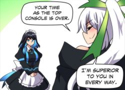 Rule 34 | 2girls, 4panels, apron, black cape, black dress, black hair, blue eyes, blue hair, blush, breasts, cape, closed mouth, collared shirt, comic, dress, english text, expressionless, game console, highres, hinghoi, large breasts, maid apron, maid headdress, medium hair, merryweather, multicolored hair, multiple girls, original, personification, playstation 4, playstation 4 (personification), ponytail, product girl, shirt, smile, speech bubble, standing, white hair, xbox one (personification), xbox series x
