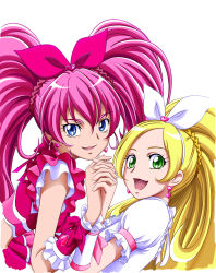 Rule 34 | 10s, 2girls, blonde hair, blue eyes, bow, cure melody, cure rhythm, earrings, eyelashes, green eyes, hairband, holding hands, houjou hibiki, jewelry, long hair, magical girl, minamino kanade, momoiro koume, multiple girls, pink bow, pink hair, ponytail, precure, simple background, smile, suite precure, twintails, upper body