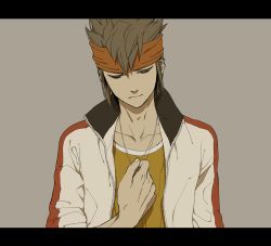 Rule 34 | 1boy, bad id, bad pixiv id, brown eyes, brown hair, endou mamoru, headband, inazuma eleven, inazuma eleven (series), inazuma eleven go, jacket, jewelry, kinokooooo, letterboxed, male focus, necklace, aged up, short hair, solo