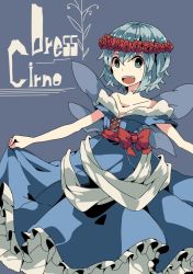 Rule 34 | 1girl, :d, alternate costume, aoi kujira, aqua eyes, bad id, bad twitter id, bare shoulders, blue background, blue eyes, blue hair, bow, bright pupils, character name, cirno, corset, dress, flower, garland (decoration), gown, hair between eyes, head wreath, ice, ice wings, laces, looking at viewer, matching hair/eyes, no bra, no headwear, off-shoulder dress, off shoulder, open mouth, outstretched arms, petticoat, ribbon, sash, short hair, skirt hold, smile, solo, touhou, white pupils, wings