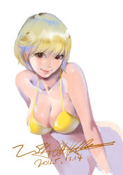 Rule 34 | 10s, 1girl, 2015, alternate breast size, amano ai, amatiz, bikini, bikini top only, blonde hair, bottomless, breasts, brown eyes, cleavage, closed mouth, collarbone, dated, den&#039;ei shoujo, head tilt, leaning forward, looking at viewer, short hair, signature, simple background, sketch, smile, solo, swimsuit, white background, yellow bikini