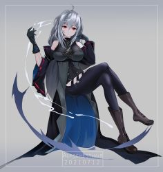 Rule 34 | 1girl, absurdres, arknights, bad id, bad pixiv id, bare shoulders, black footwear, black gloves, black pants, boots, breasts, clothing cutout, commentary, crossed legs, dong 24, gloves, grey background, hair between eyes, hands up, highres, invisible chair, large breasts, leggings, long hair, long sleeves, looking at viewer, no headwear, pants, parted lips, red eyes, silver hair, sitting, skadi (arknights), skadi (elite ii) (arknights), solo, thigh cutout, thighs