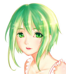 Rule 34 | 1girl, bare shoulders, green eyes, green hair, gumi, looking at viewer, lqk jing jia, matching hair/eyes, short hair, simple background, sleeveless, smile, solo, vocaloid