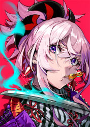 Rule 34 | 1girl, dango, fate/grand order, fate (series), food, hair between eyes, head tilt, japanese clothes, katana, kimono, looking at viewer, miyamoto musashi (fate), mouth hold, pink hair, pokimari, ponytail, portrait, purple eyes, red background, resolution mismatch, short hair, simple background, solo, source larger, sword, wagashi, weapon
