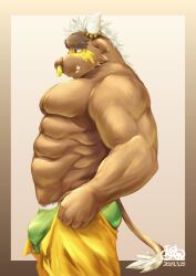 Rule 34 | 1boy, abs, animal ears, artist request, ass, asterius (housamo), bara, brown fur, bulge, bulge lift, cow ears, cow horns, dressing, feet out of frame, forked eyebrows, from side, furry, furry male, green male underwear, highres, horns, huge eyebrows, i&#039;ve never seen a guy recreate this successfully tbh (meme), large pectorals, male focus, male underwear, meme, minotaur, muscular, muscular male, nipples, nose piercing, nose ring, open pants, pants, pants lift, pectorals, piercing, short hair, solo, stomach, tokyo houkago summoners, topless male, tusks, undersized clothes, underwear
