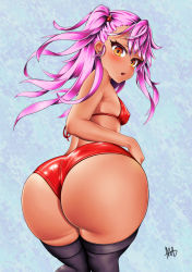 Rule 34 | 1girl, absurdres, ass, ass focus, bikini, black thighhighs, blush, breasts, chloe von einzbern, covered erect nipples, dark-skinned female, dark skin, fate/kaleid liner prisma illya, fate (series), highres, huge ass, leaning forward, legs together, looking at viewer, looking back, open mouth, purple hair, red bikini, shiny clothes, signature, small breasts, succuboi, swimsuit, thighhighs, thighs, wedgie, wide hips, yellow eyes