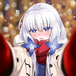 Rule 34 | 1girl, alternate costume, azur lane, blue eyes, blue flower, blue sweater, blurry, blurry background, blush, coat, flower, fur-trimmed coat, fur trim, gzanth, hair flower, hair ornament, illustrious (azur lane), long hair, long sleeves, looking at viewer, open clothes, open coat, pov, red scarf, scarf, solo, sweater, white hair