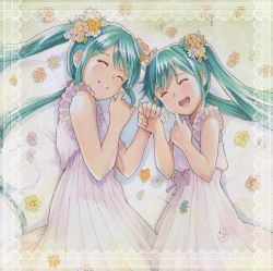 Rule 34 | 2girls, ^ ^, aqua hair, clone, closed eyes, commentary, dress, floral background, flower, frilled dress, frills, furrowed brow, grin, hair flower, hair ornament, hatsune miku, holding hands, lace background, lips, long hair, lying, mayo riyo, multiple girls, on side, open mouth, pink dress, short sleeves, side-by-side, smile, twintails, very long hair, vocaloid