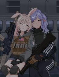 Rule 34 | 2girls, ahoge, american flag, animal ears, assault rifle, blush, closed eyes, commentary, english commentary, fingerless gloves, gloves, gun, highres, hood, hoodie, indie virtual youtuber, jacket, lazy revenant, leaning on person, long hair, long sleeves, m4 carbine, magazine (weapon), multiple girls, open mouth, pants, phase connect, pink hair, pipkin pippa, bulletproof vest, pointy ears, purple hair, rabbit ears, rabbit girl, rifle, sleeping, sleepy project, striped clothes, striped jacket, striped pants, virtual youtuber, weapon, weapon request