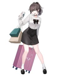 Rule 34 | 1girl, absurdres, ahoge, bag, bare legs, black choker, black footwear, black skirt, bow, bowtie, breasts, brown eyes, brown hair, buttons, choker, collared shirt, controlline3, cup, disposable cup, full body, hair bow, high-waist skirt, highres, holding, long hair, long sleeves, looking at viewer, medium breasts, open mouth, original, ponytail, shirt, shirt tucked in, shoes, shopping bag, simple background, skirt, smile, socks, solo, standing, white background, white shirt, white socks